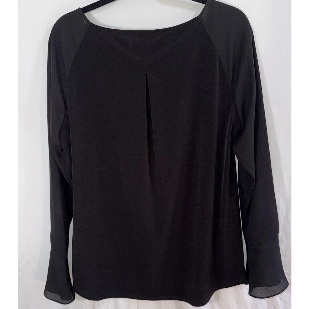 Tahari Black Flutter Sleeve V Neck Tunic Top Classic Chiffon Office Evening Sz L - Picture 5 of 11